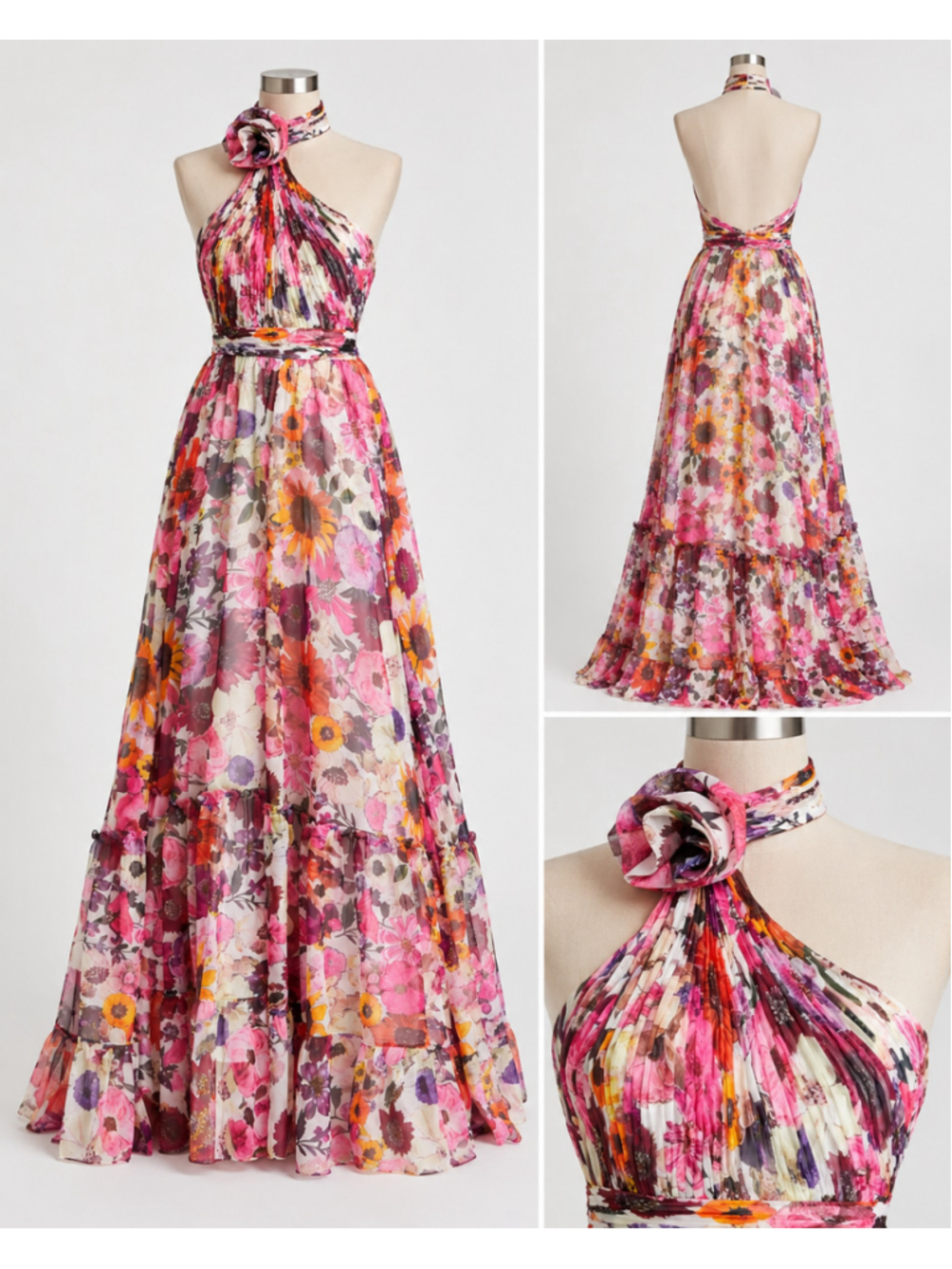 Mac Duggal Floral Chiffon Halter Rosette Gown Black Multi Size 10 NWT - Picture 5 of 8